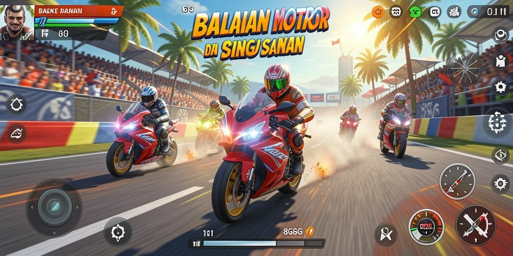 Screenshot gameplay 8G8G menampilkan aksi balapan motor yang mendebarkan.