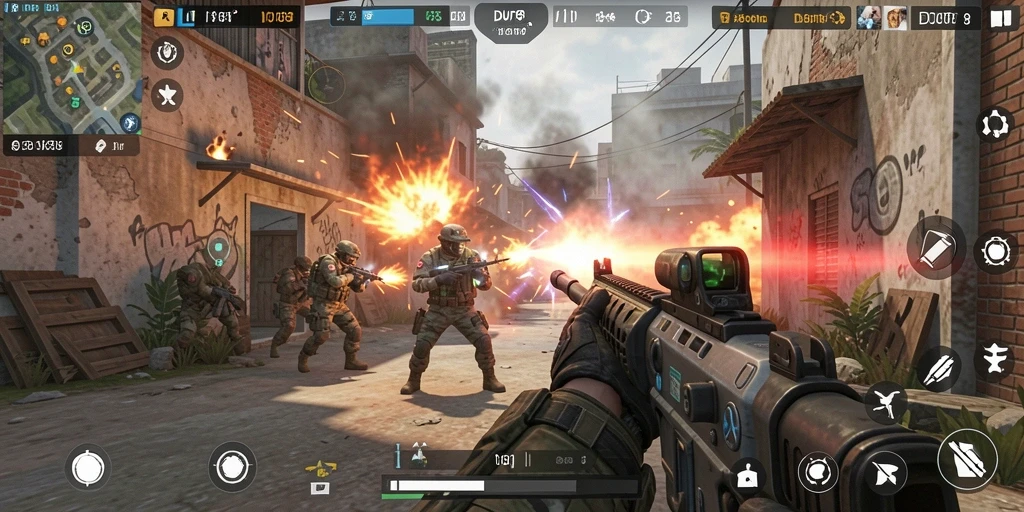 Screenshot gameplay DUIT8 menampilkan aksi tembak-menembak mendebarkan.