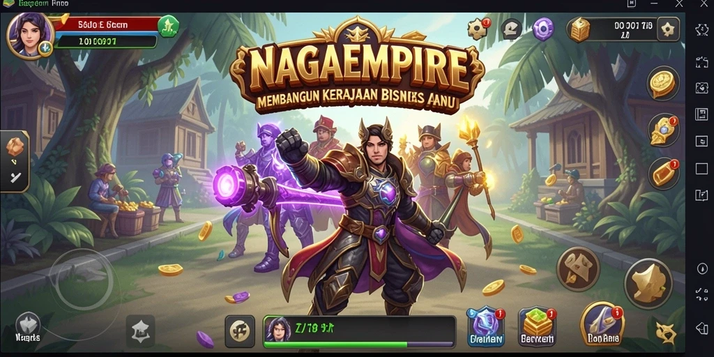 Screenshot gameplay NAGAEMPIRE memperlihatkan pembangunan kerajaan bisnis yang menarik.
