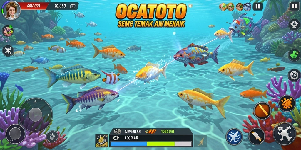 Tampilan gameplay seru dalam OCATOTO saat menembak ikan.