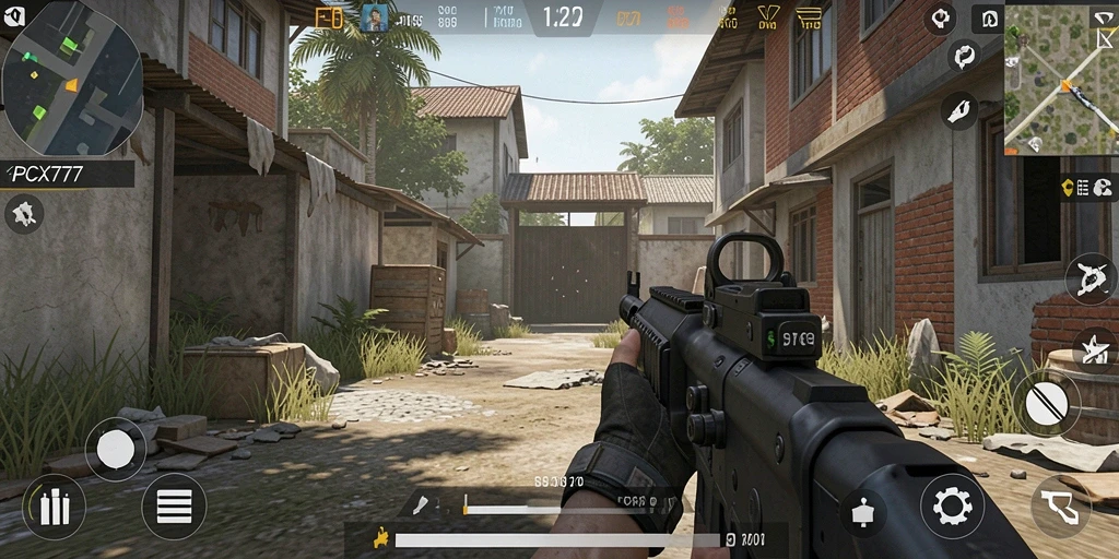 Gameplay PCX777 menampilkan aksi tembak-menembak yang intens dan seru.