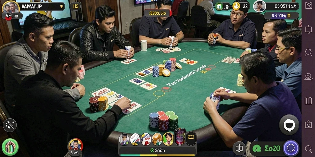 Screenshot gameplay RAKYATJP yang menunjukkan aksi seru permainan Poker.