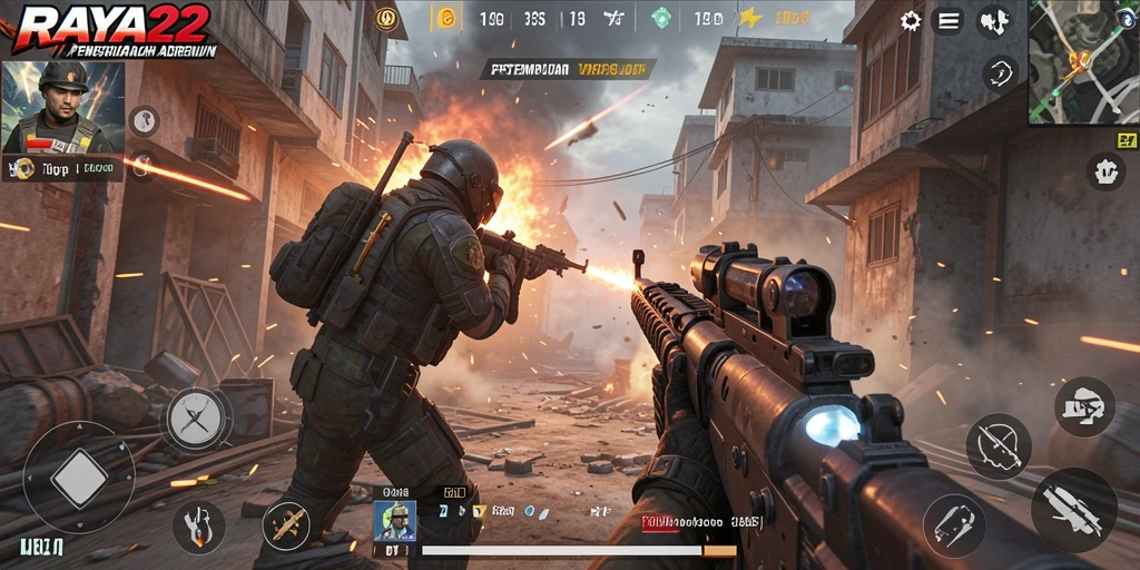 Gambaran gameplay RAYA22 yang mendebarkan di medan perang FPS.