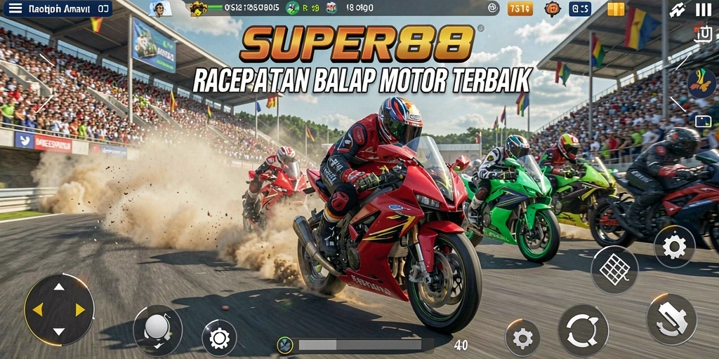 Tampilan menarik gameplay balap motor SUPER88 yang mendebarkan.